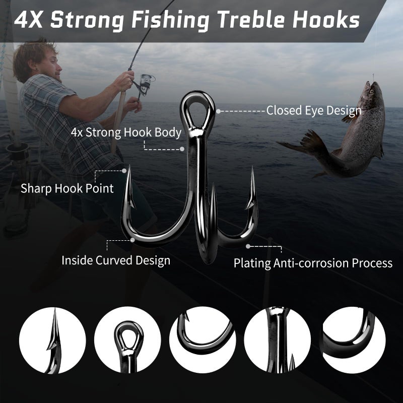 FishTrip Treble Fishing Hooks 4X Strong,10pcs/Pack Black Triple Hooks High Carbon Steel,Replacement Hooks on Hard Lures for Freshwater Saltwater Size 1 - Image 2